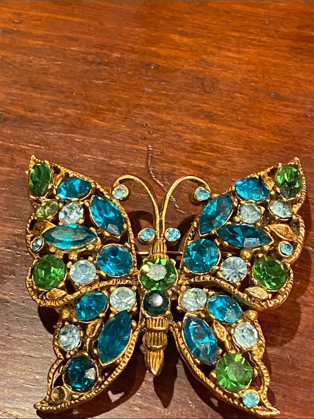 Regency Gold-Tone Butterfly Brooch with Blue & Green Crystal Rhinestones